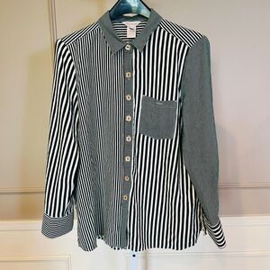 Multiples Large Shirt NWOT Woven Multi Stripe Print Point Collar Green Button